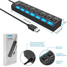 Hub USB 2.0 OEM 047-3499: 7 Portas, Interruptores Individuais, LEDs de Status, Alta Velocidade