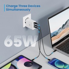 Carregador Ewent EW1323, USB-C e USB-A, 65W, 3 Portas, Carga Rápida